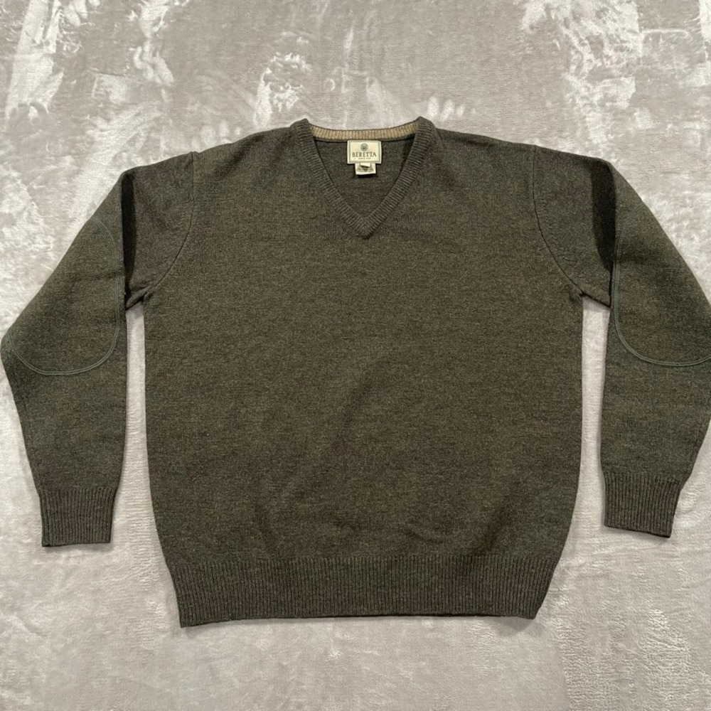 Beretta Sweater Mens Large Green 100% Lambs Wool V Neck Pullover Casual Preppy